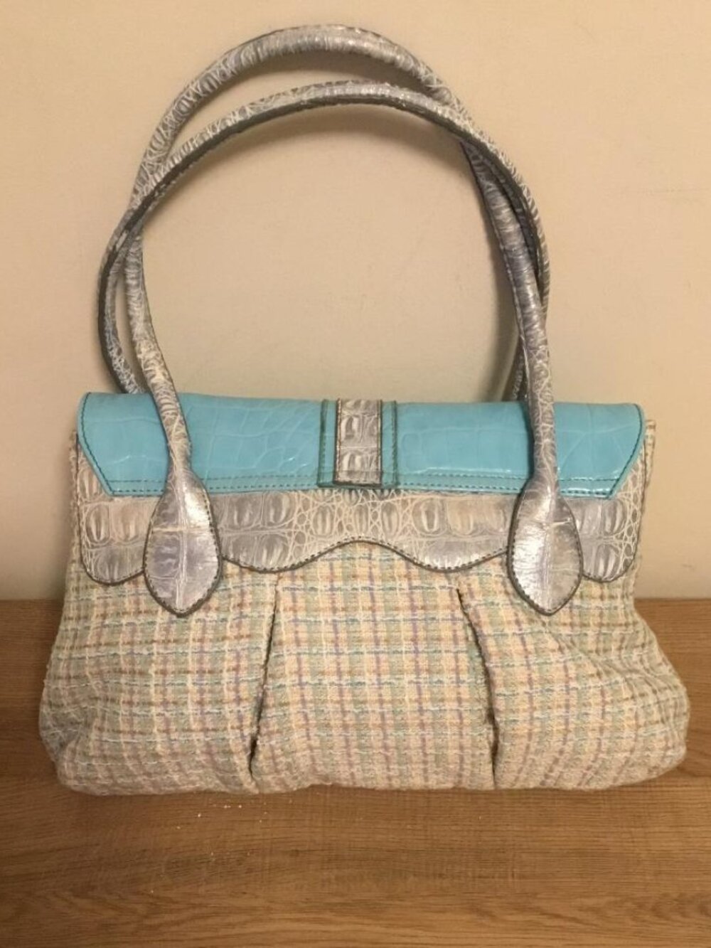 Sharif Blue Multi-Python & Croc Embossed Leather Shoulder Bag w/Wristlet & Charm - Picture 3 of 12